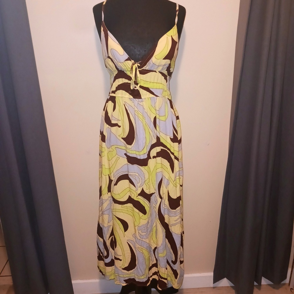 Jolie & Joy Boho 70's Yellow Abstract Swirl Print Tie Front Maxi Dress XL